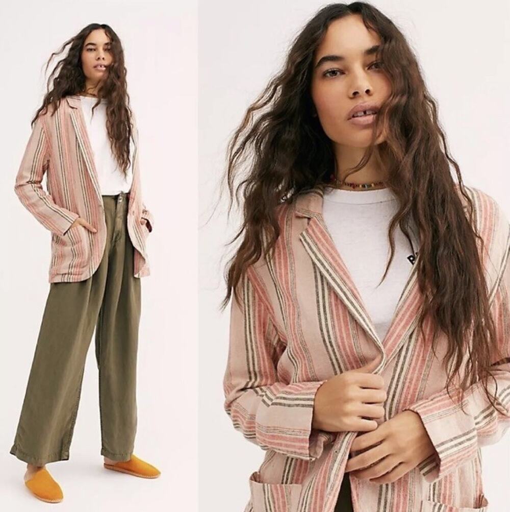 Free People Simply Stripe Oversized Linen Blazer Medium
